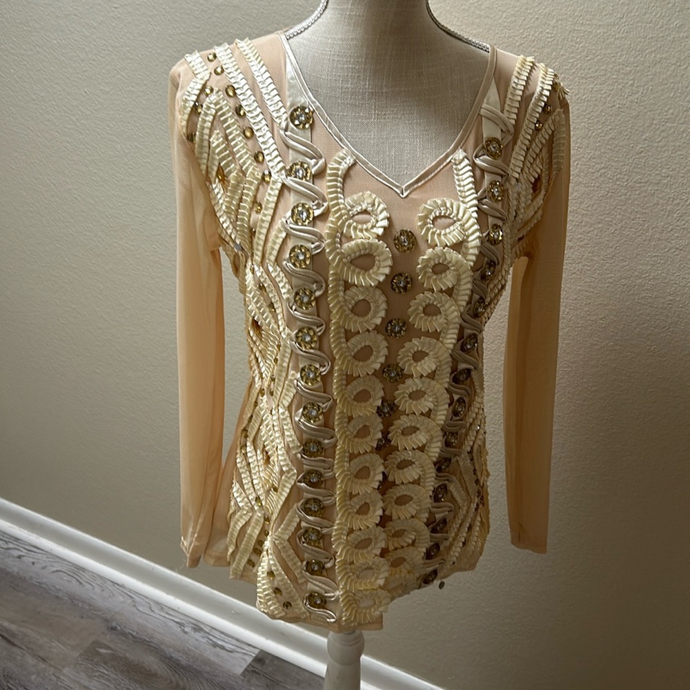 Long Sleeve blouse with ribbon, rhinestone and button embellishments